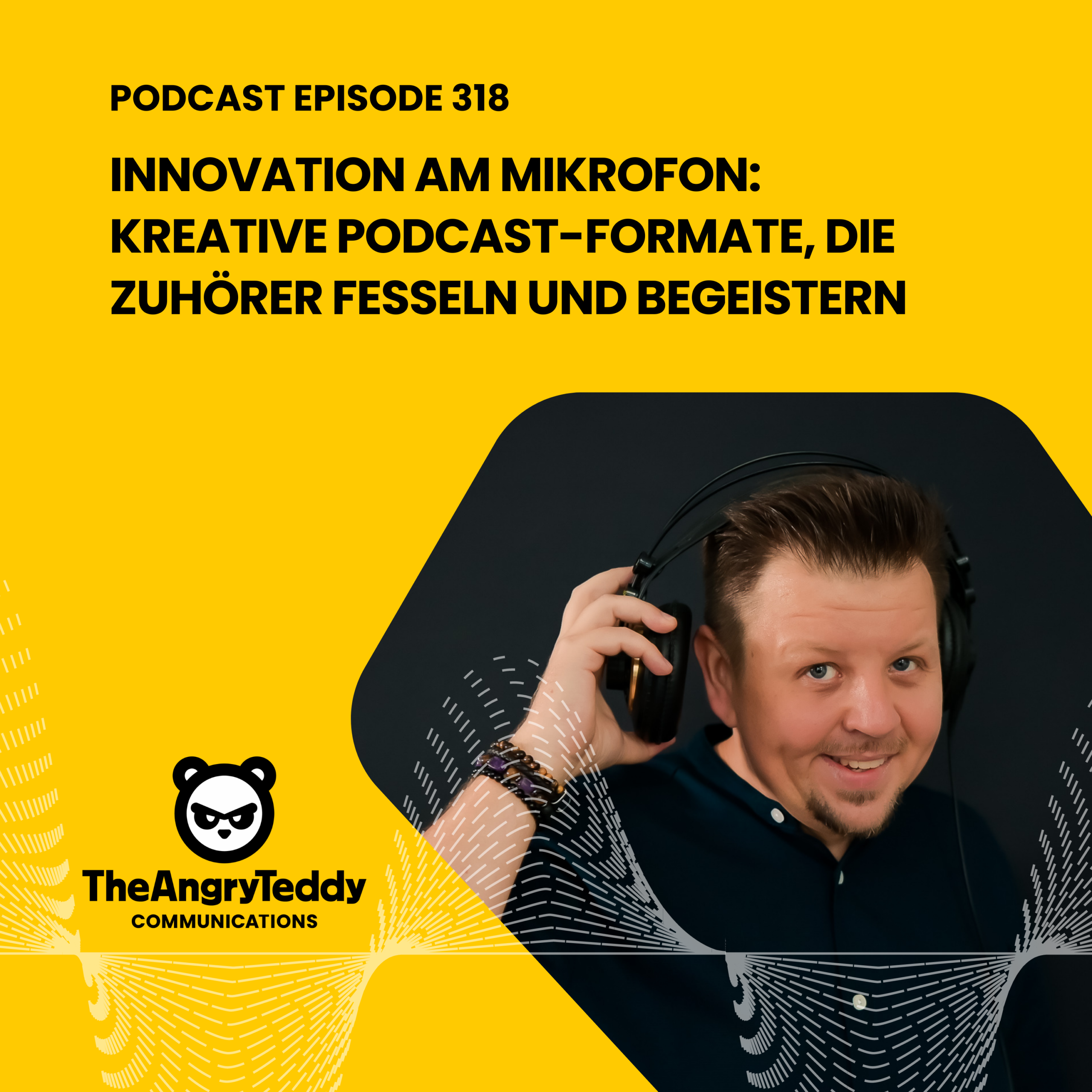 Hörender Mann mit Kopfhörern, Podcast-Aufnahme im Studio, kreative Mikrofontechnik, innovative Audio.
