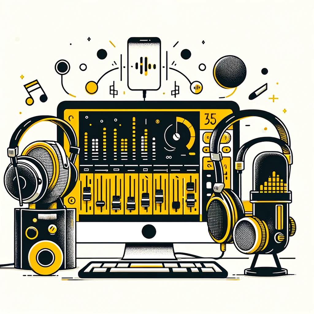 Create a modern illustration with a yellow and black color theme on a pure white background, depicting the concept of 'Podcast Production'. The illust