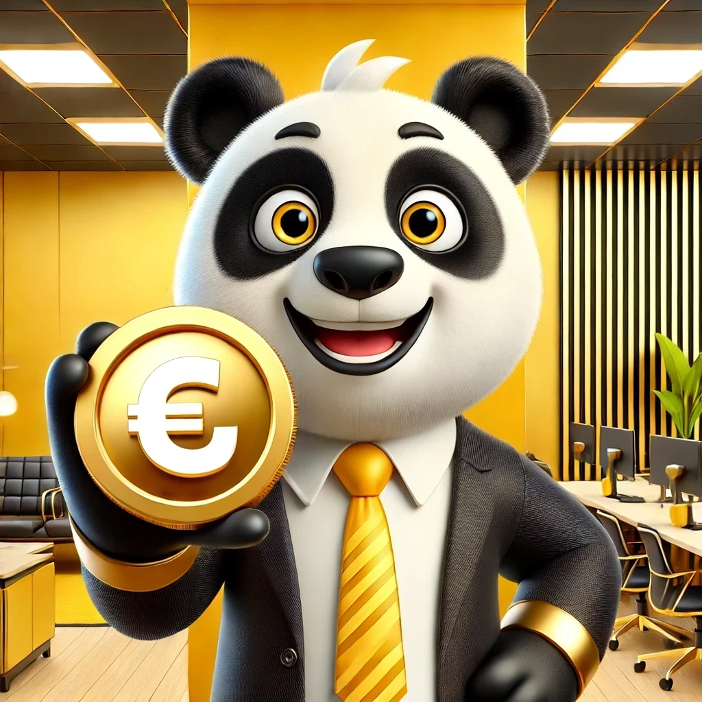  A friendly, professional panda in Pixar-style, holding a large golden coin with a cheerful expression, symbolizing cost savings, with a prominent € sy