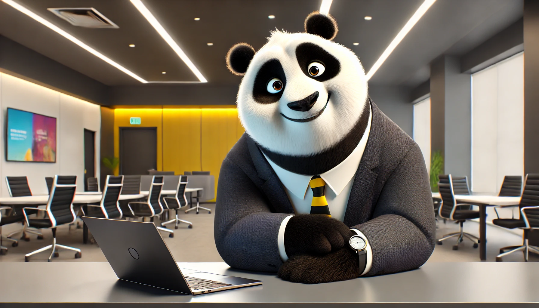 - A friendly, professional panda in Pixar-style, sitting at a sleek modern desk with a laptop, leaning slightly forward, as if engaging in a conversatio