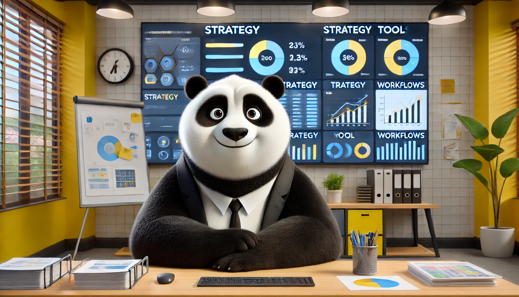 A friendly, professional panda in Pixar-style, sitting at a desk with a large display screen showing strategy diagrams, tools, and workflows. The pand