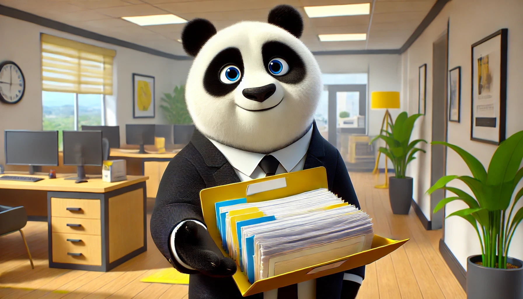 A friendly, professional panda in Pixar-style, handing over a neatly organized folder filled with papers and documents, symbolizing the transfer of im