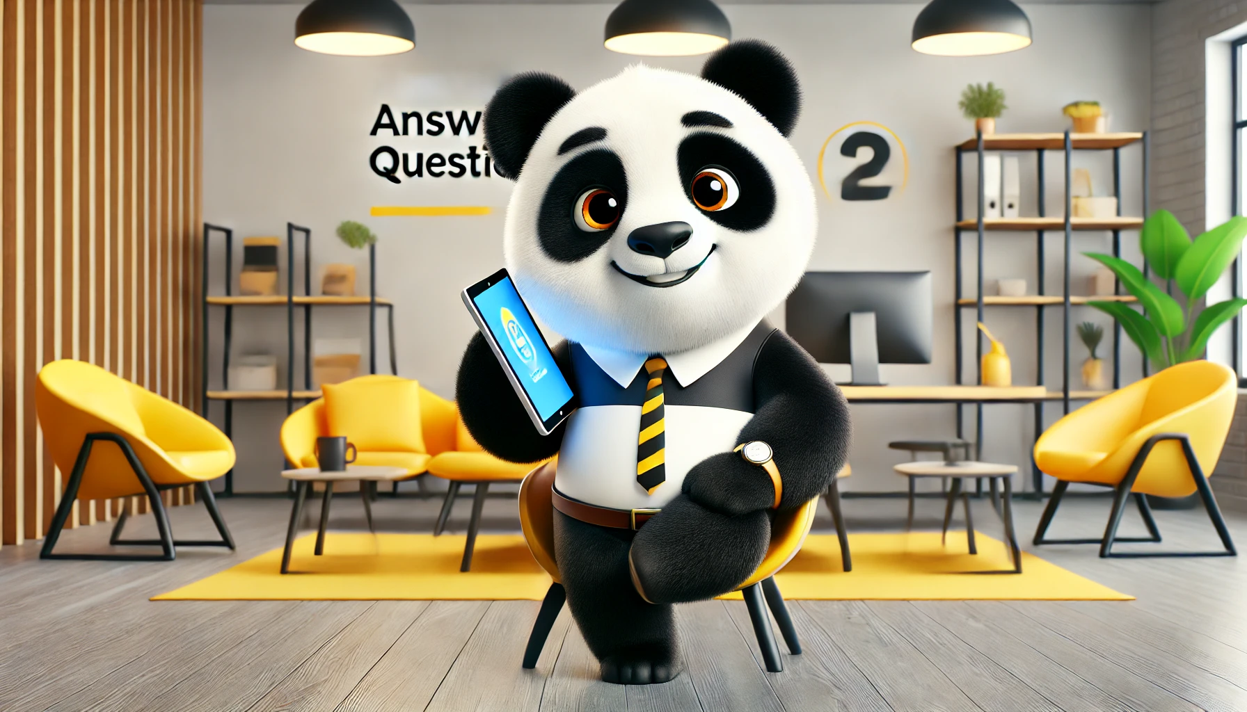 A friendly, professional panda in Pixar-style, sitting in a cozy and modern office setting with yellow and black accents, holding a tablet or phone, s