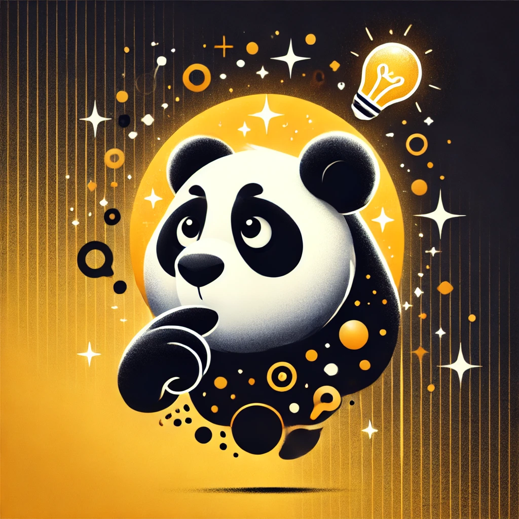 A Pixar-style illustration of a panda in a black and yellow color scheme, with the panda appearing thoughtful and creative, surrounded by subtle glowi