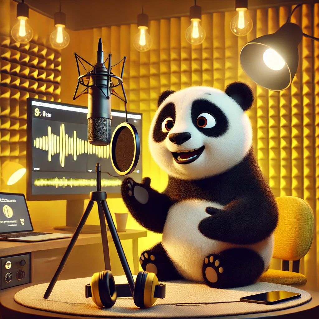 Ein Panda nimmt einen Videocast auf, sitzend in einem gemütlichen Studio mit Mikrofon und Kamera, in gelb-schwarzer Farbgestaltung.