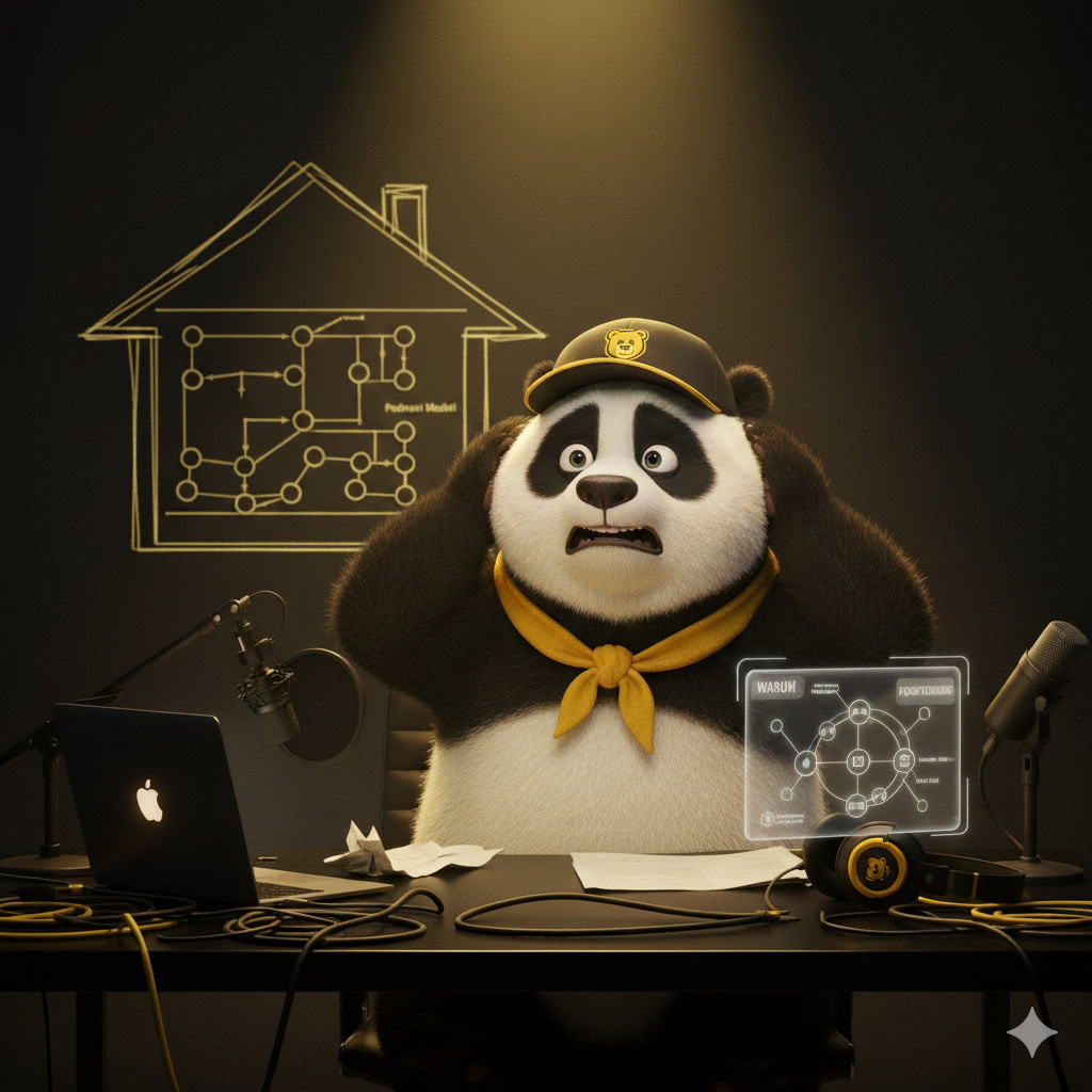 Podcast Strategie Innovativer Panda im Büro mit High-Tech-Design und Social-Media-Equipment.