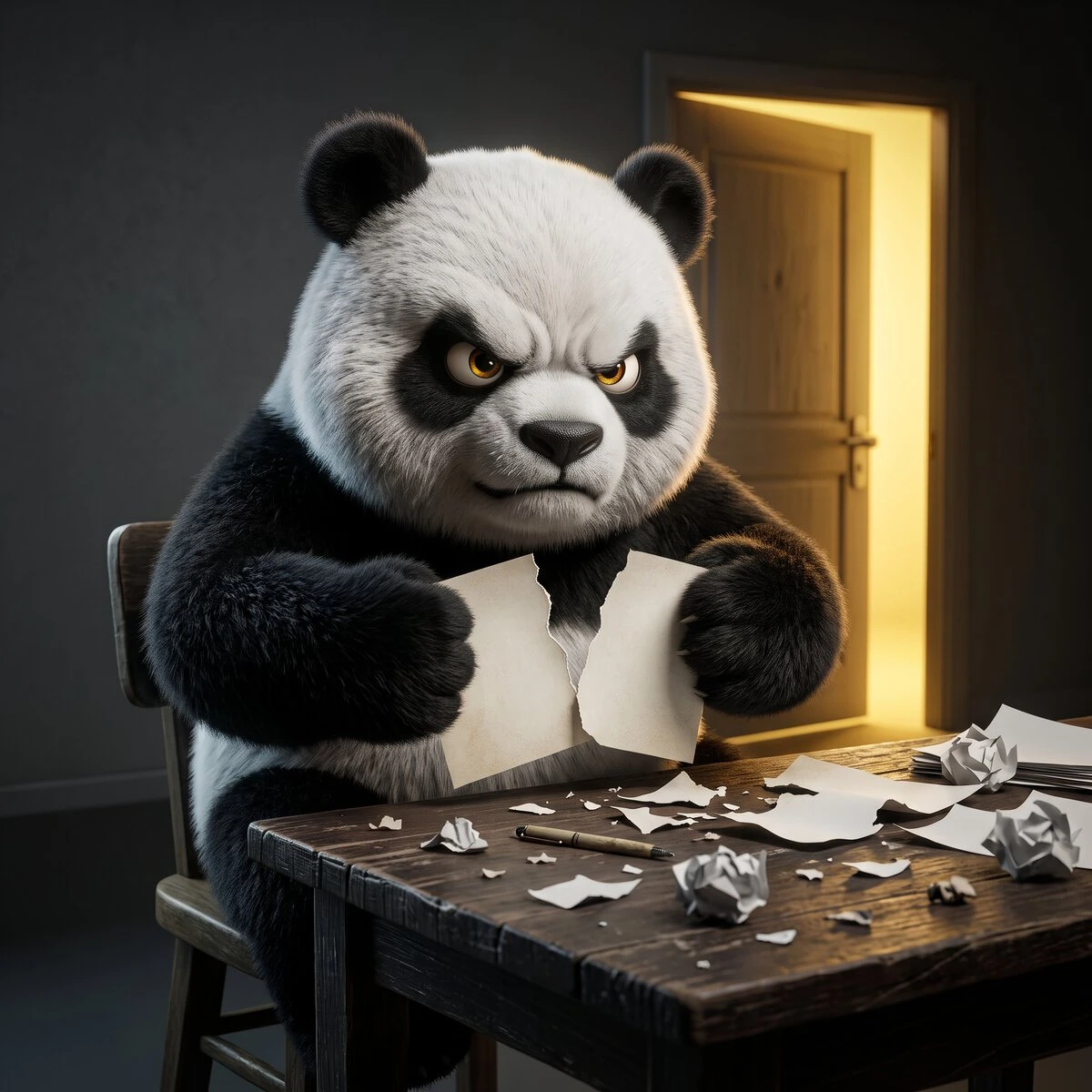 Wütender Panda beim Papierkrieg Wütender Panda zerreißt Papier im Büro, symbolisiert Frustration bei Bürokratie.