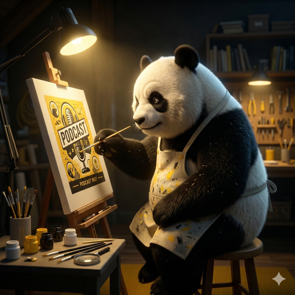 Panda-Kunstwerk gestaltet Podcast-Logo in kreativem Atelier.