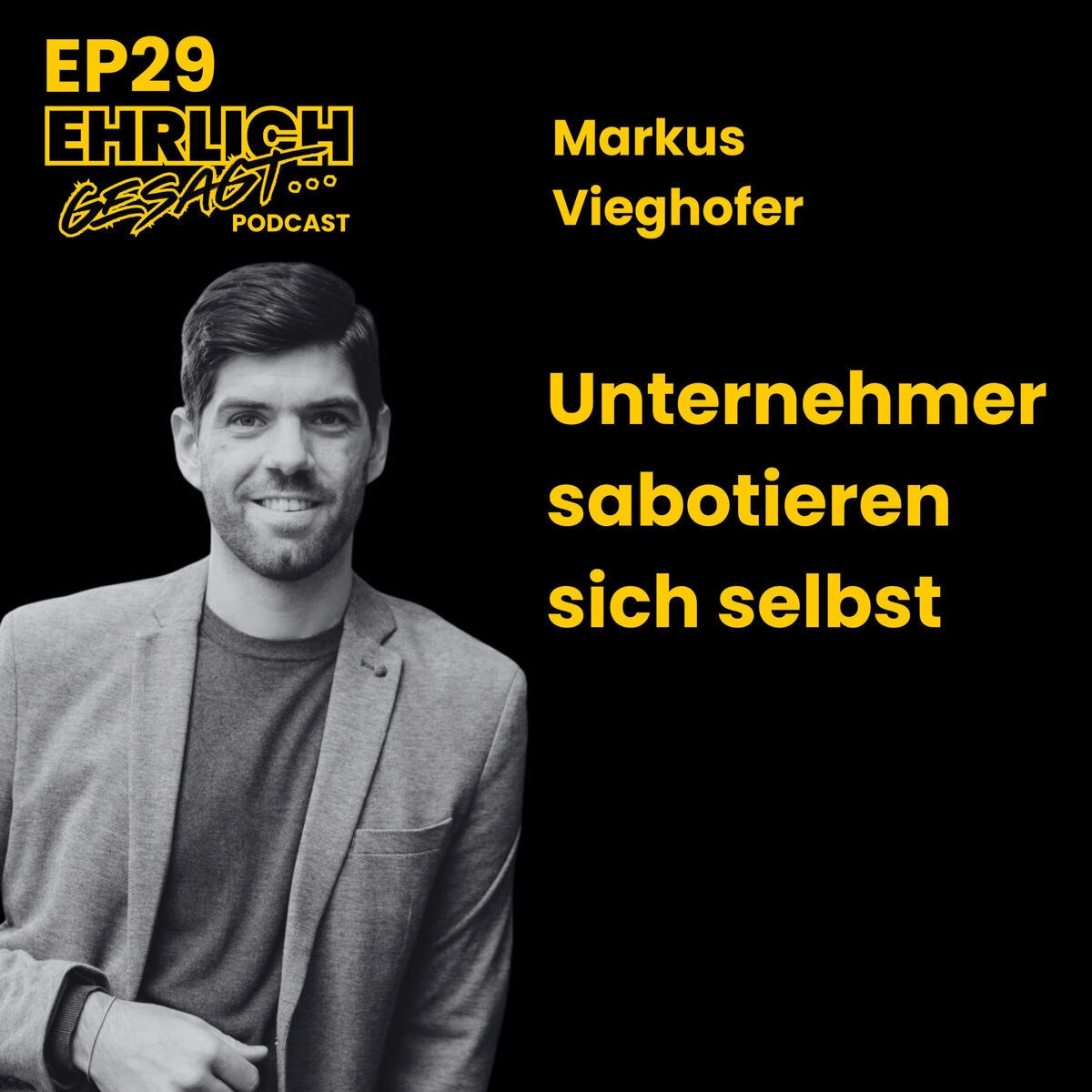 Markus Viehofer im schwarzen und weißen Bild, mit gelbem Text im Hintergrund.