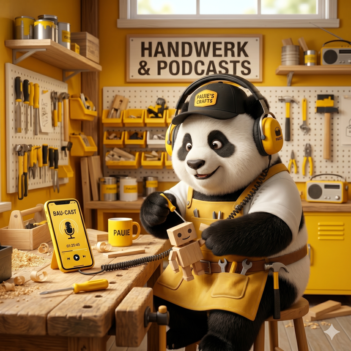 Panda mit Kopfhörern im Handwerksstudio, arbeitet an Podcastaufnahme.