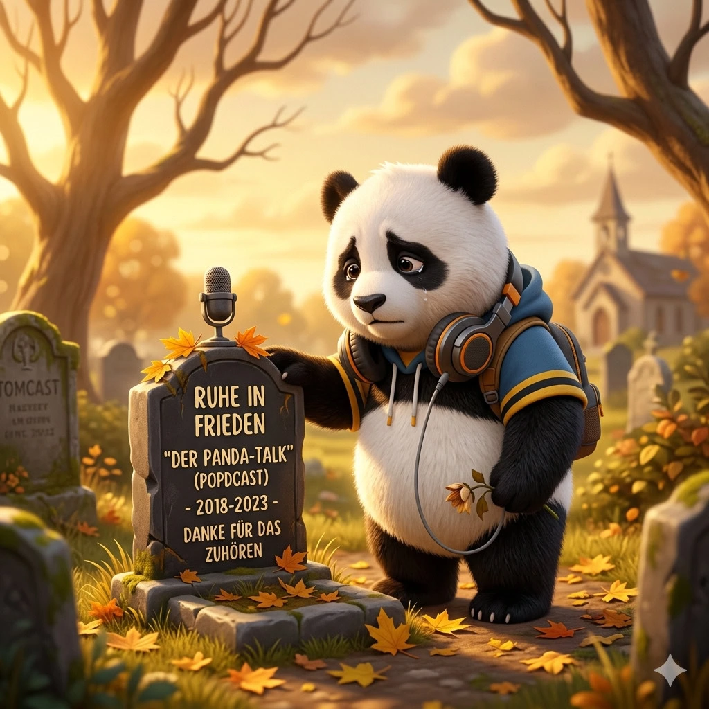 Panda trauert am Grab mit Kopfhörern, im herbstlichen Friedhof, emotionaler Moment.