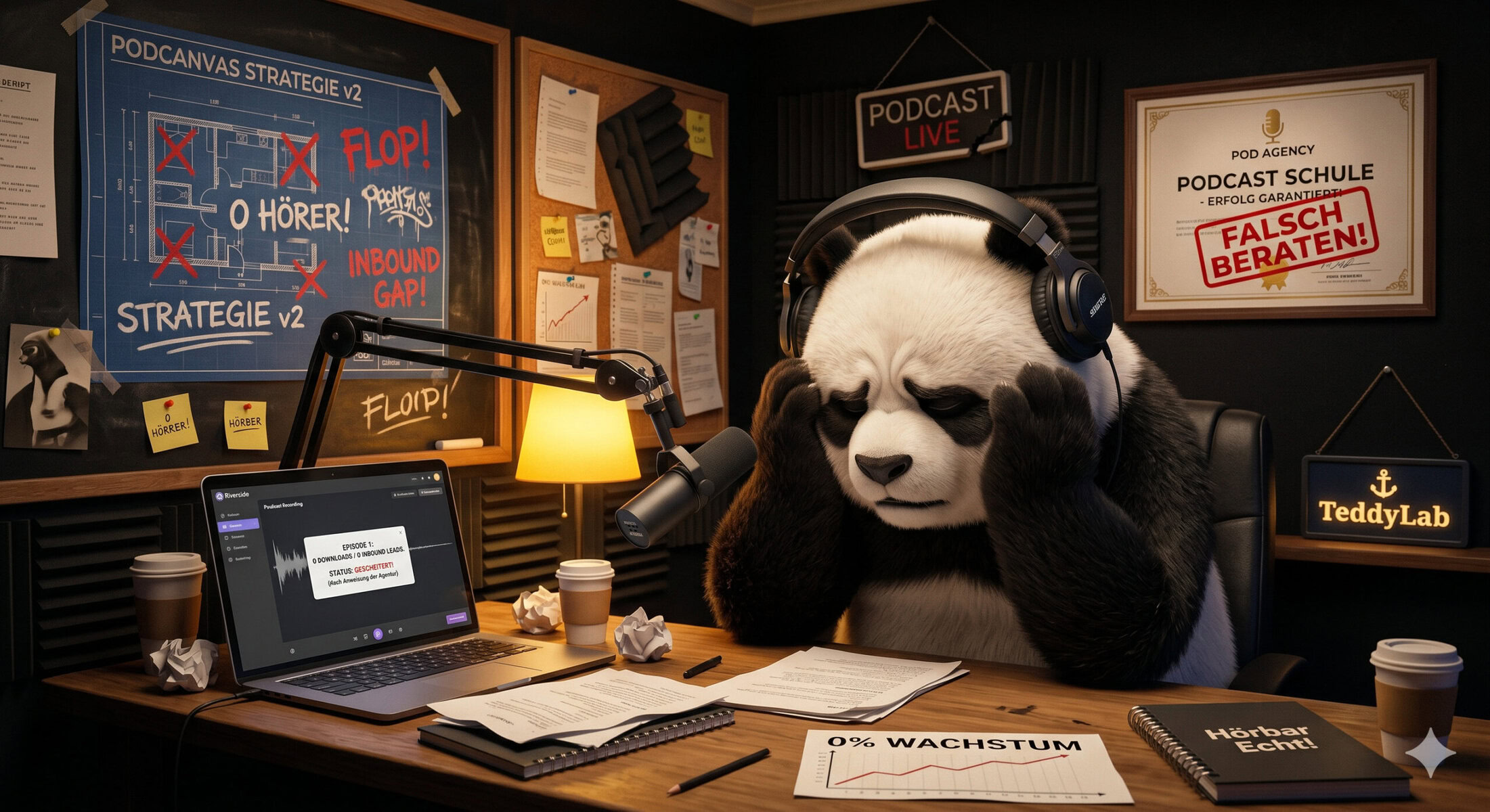 Podcast für Mittelstand: Warum dein Dienstleister das falsche Werkzeug ist Panda im Podcast-Studio mit Kopfhörern, umgeben von Mikrofonen und Notizen.