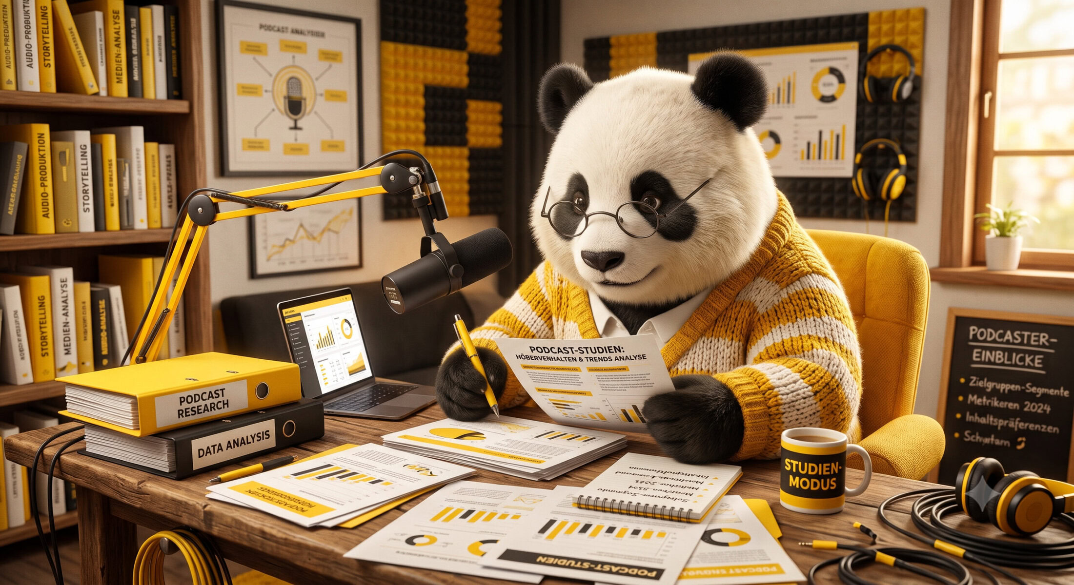 Panda im Studio mit Mikrofon, Notizen und Podcast-Equipment.
