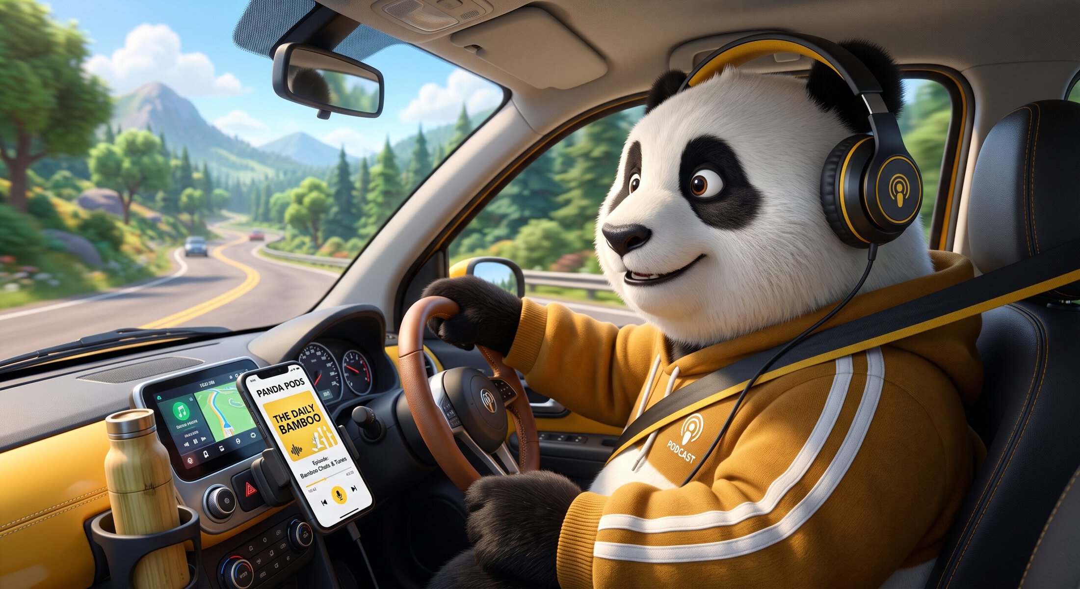 Panda fährt im Auto mit Kopfhörern und Smartphone, Natur im Hintergrund.
