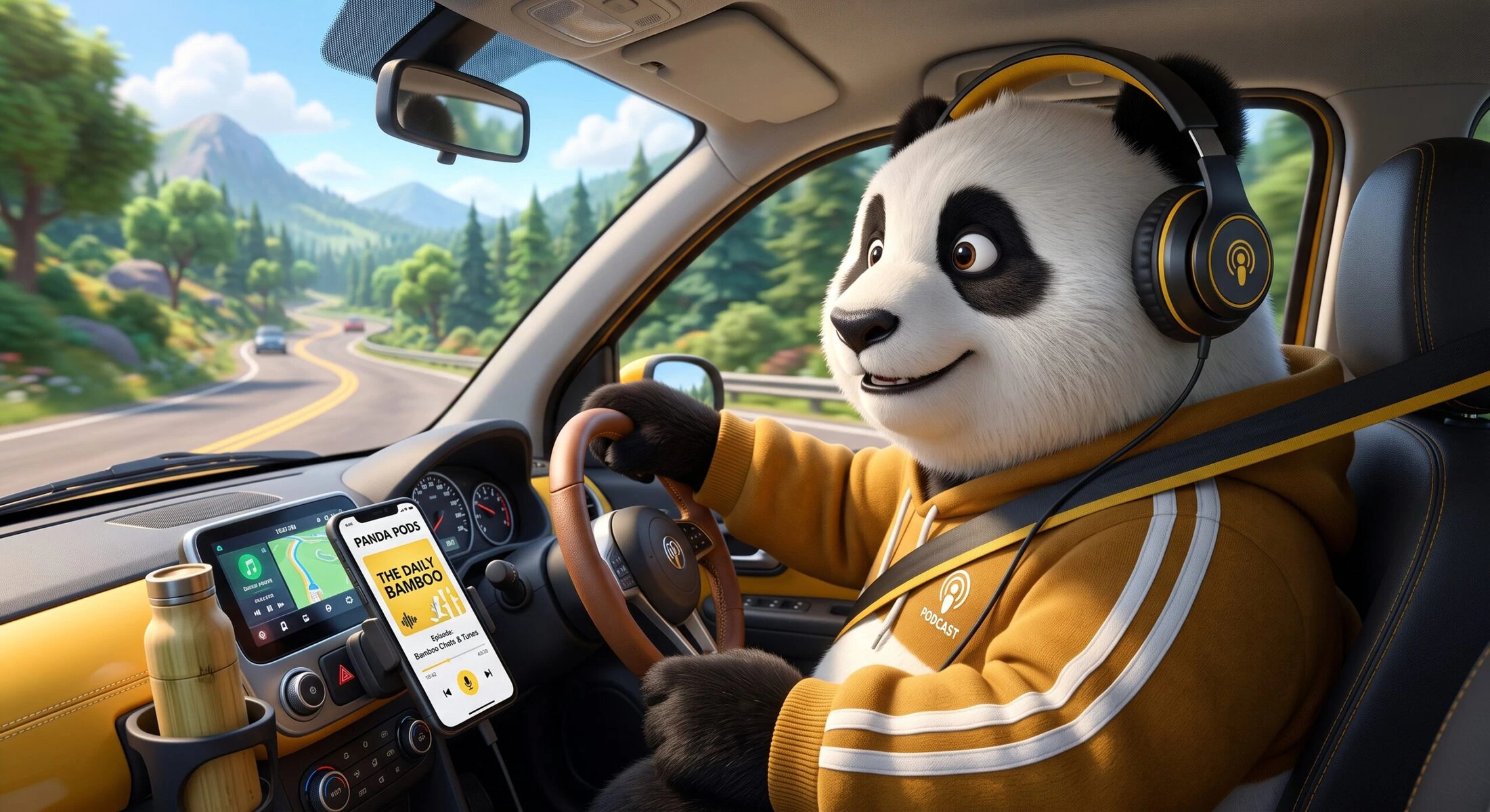 Panda fährt im Auto mit Kopfhörern und Smartphone, Natur im Hintergrund.