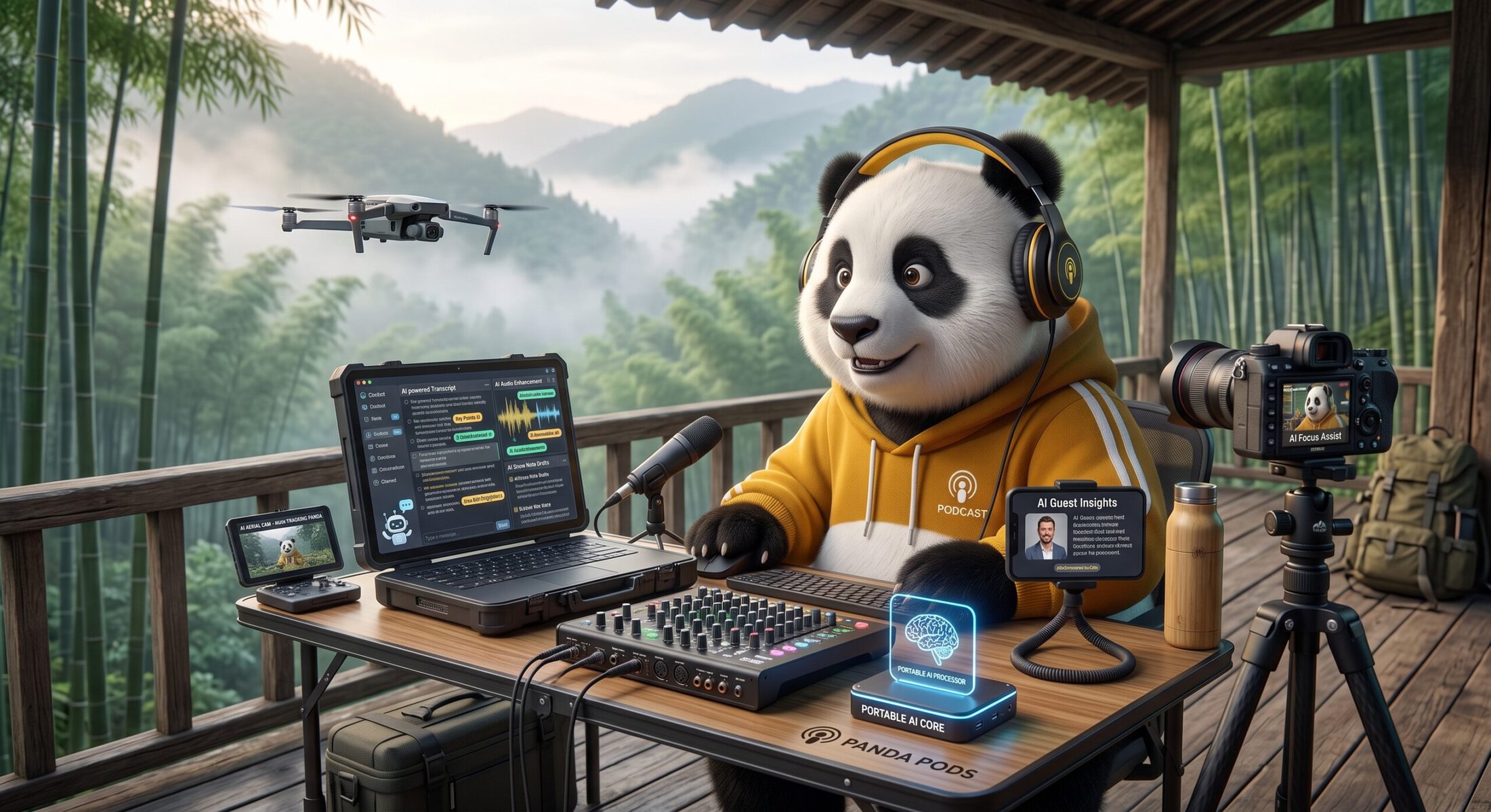 Panda im Tonstudio mit Drohne und Kamera in Naturkulisse.