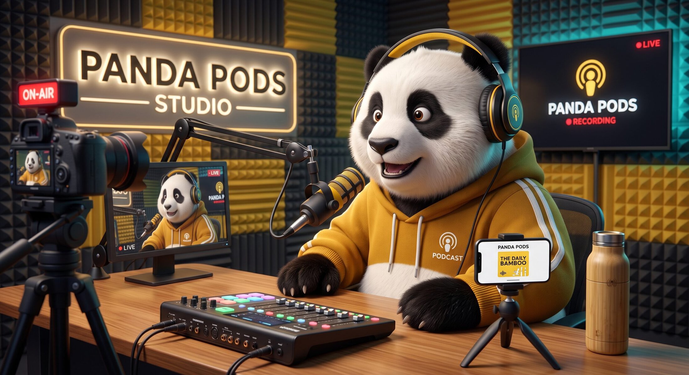 Panda im Podcast-Studio Panda im Aufnahmestudio für Social Media & Podcast Marketing.