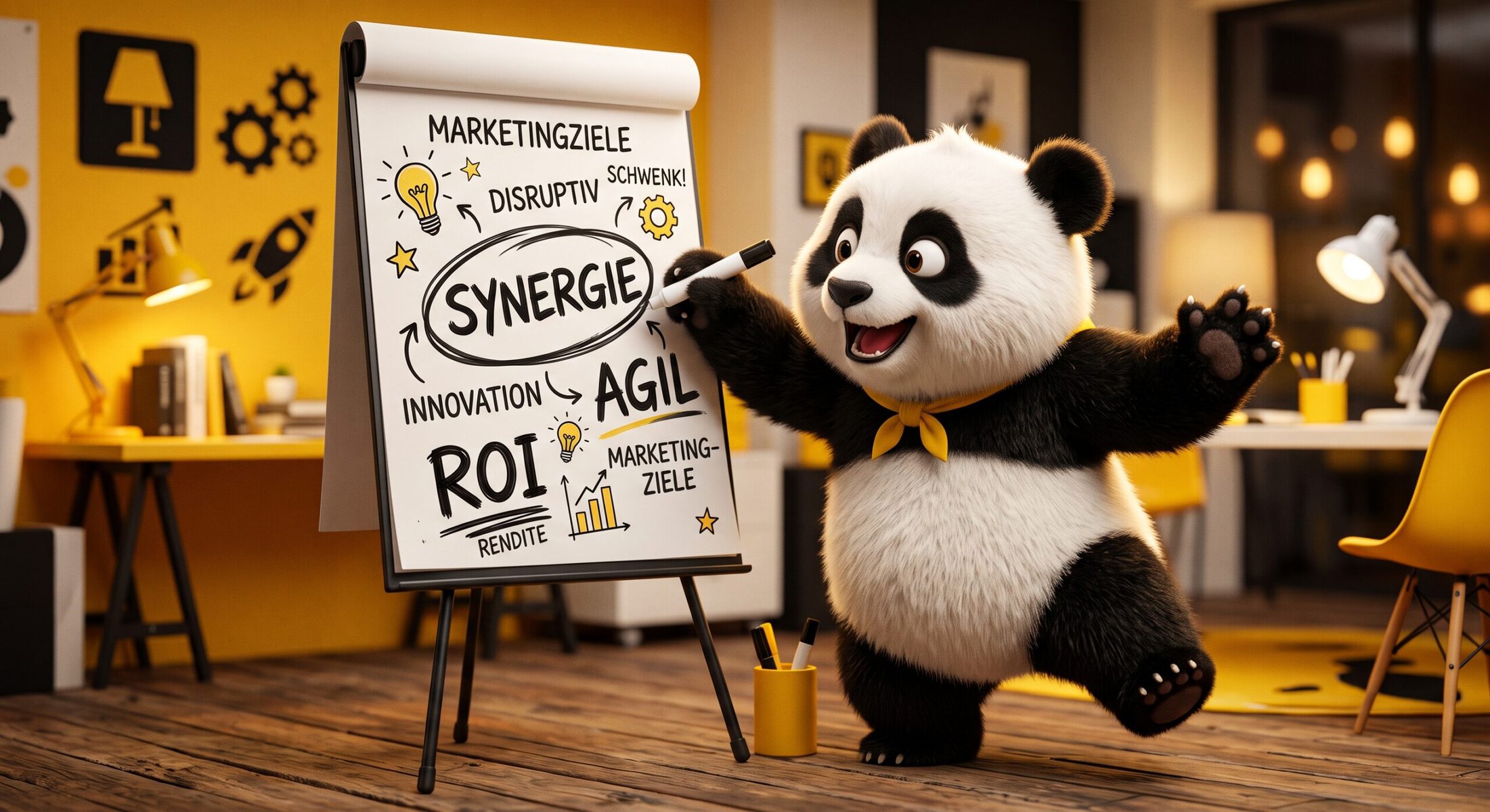 Panda präsentiert kreative Marketingziele auf Whiteboard.