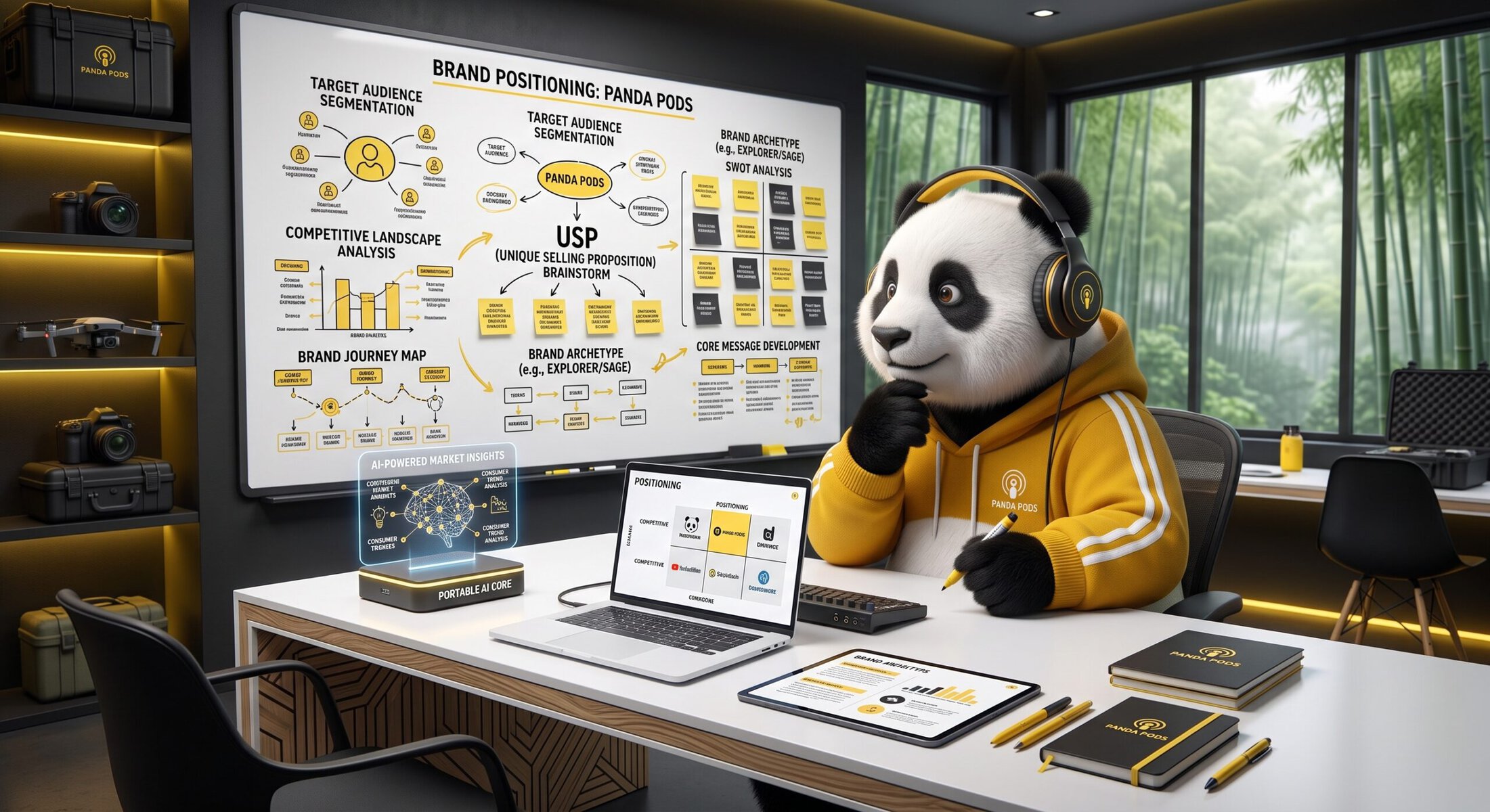 Panda mit Kopfhörern arbeitet an Marketing-Strategie im modernen Büro.