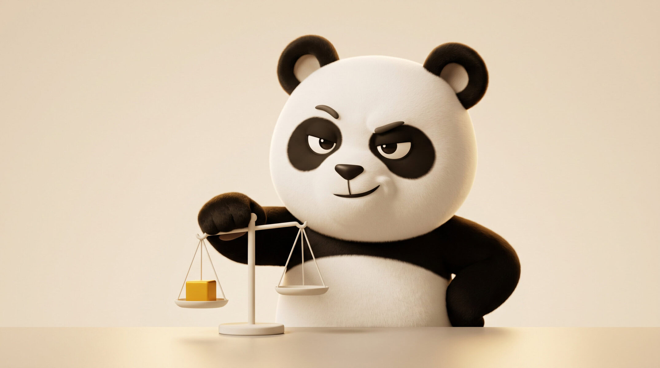 Süßer Panda mit Waage symbolisiert Gerechtigkeit und Balance.