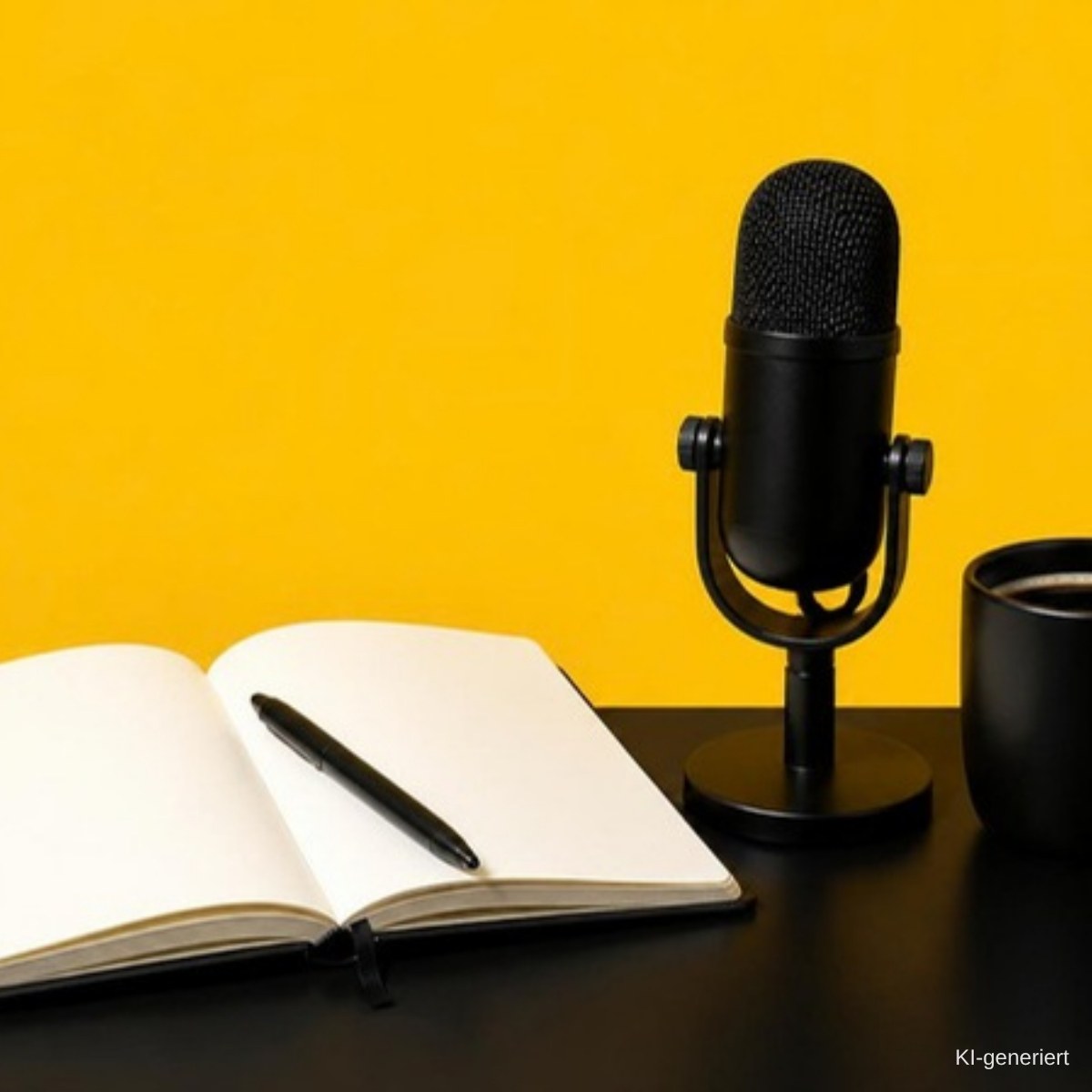 Offenes Notizbuch mit Stift und Podcast-Mikrofon vor gelber Wand, KI-generiertes Bild