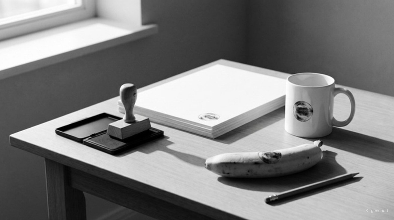 Arbeitsplatz mit Stempel, Briefpapier, Tasse und Banane in Schwarz-Weiß.
