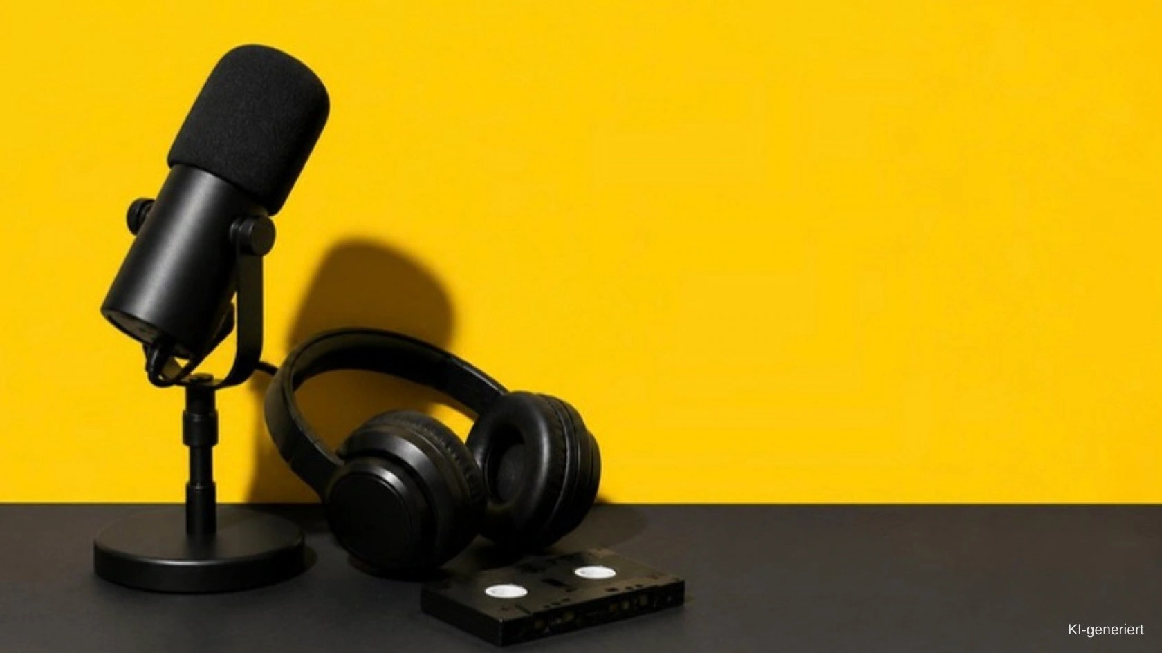 KI-Stimme im Podcast Schwarzes Podcast-Mikrofon, Kopfhörer und Kassette vor gelber Wand, Symbolbild zu KI-Stimmen im Podcast