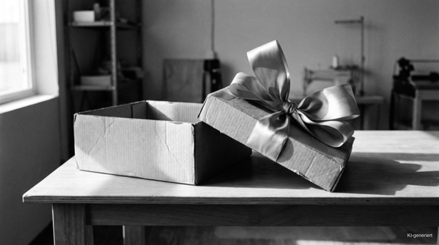 Geschenkbox mit Schleife auf einem Tisch, symbolisiert Geschenkverpackung.