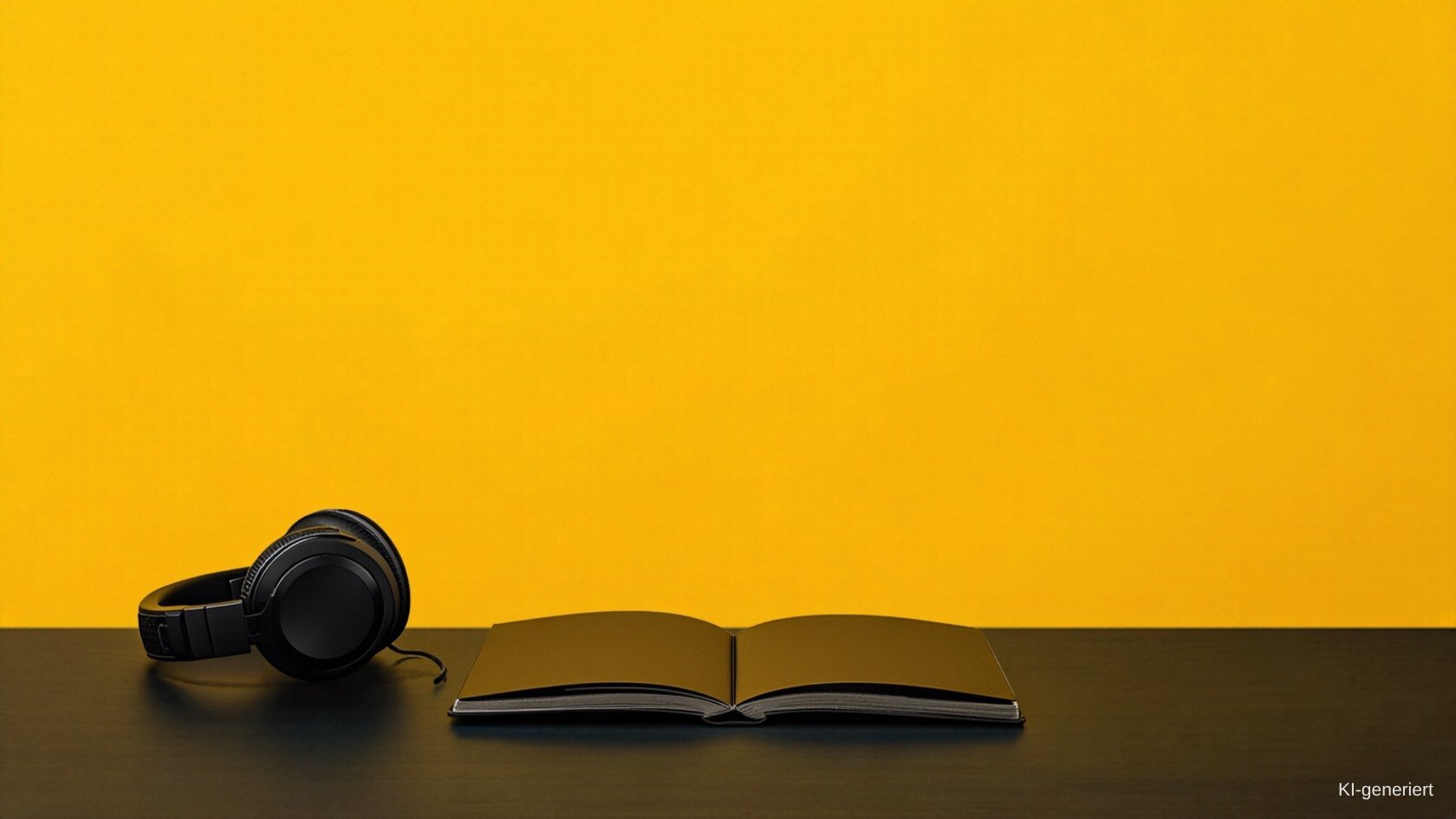 Schwarze Kopfhörer und offenes Buch vor gelber Wand.
