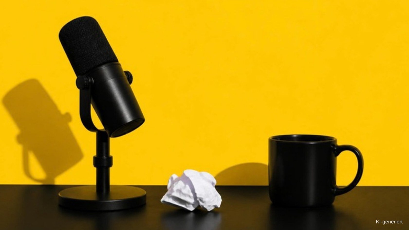Schwarzes Podcast-Mikrofon, zerknülltes Blatt Papier und Tasse vor gelber Wand, Symbolbild zum Unternehmenspodcast ohne Skript