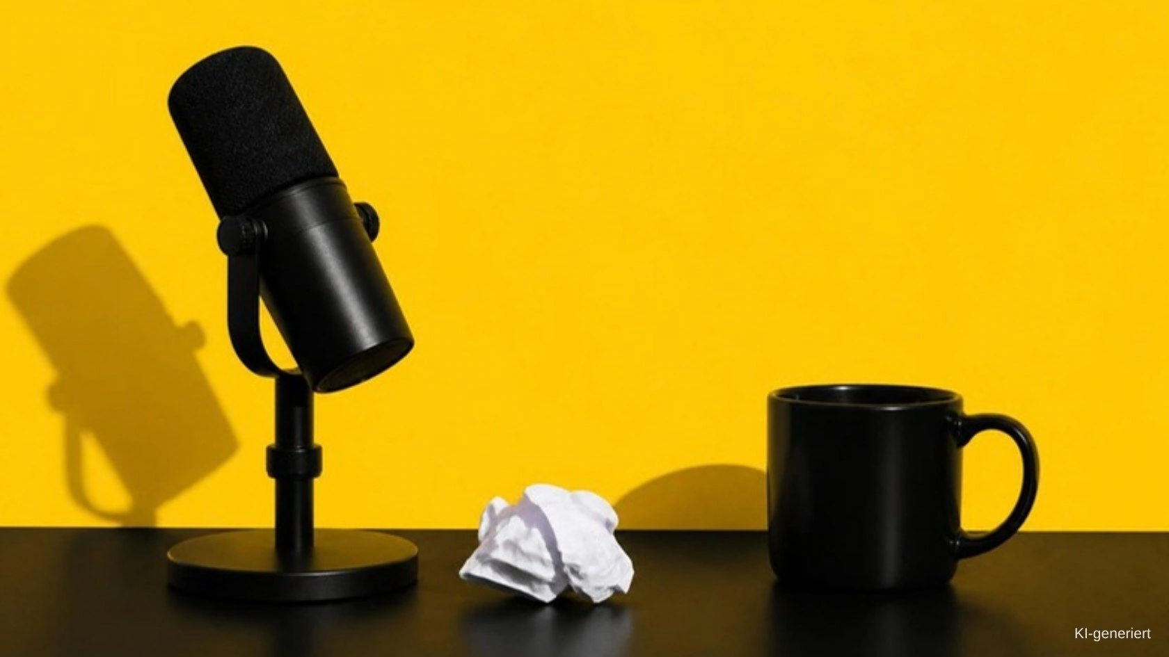 Schwarzes Podcast-Mikrofon, zerknülltes Blatt Papier und Tasse vor gelber Wand, Symbolbild zum Unternehmenspodcast ohne Skript